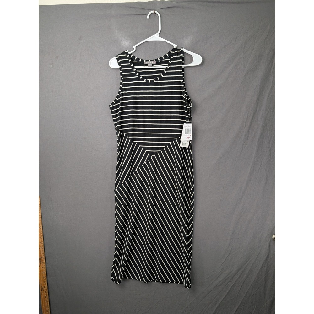 Peace & Pearls Womens Black White Striped Ribbed Sleeveless Midi Dress